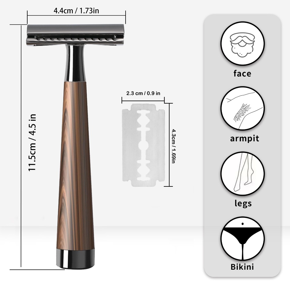 Safety Razor Handle - Geavanceerd dubbelzijdig veiligheidsscheermes met imitatiehouten handvat,